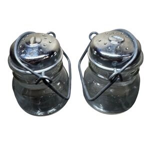 Vintage 1893 Embossed Glass Salt and Pepper Shakers Wire Bail Handle Farmhouse